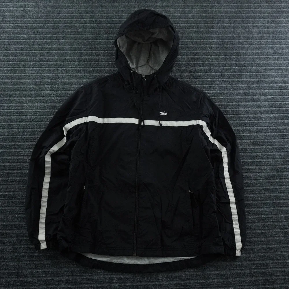 Vintage Nike Windbreaker Jacket Mens M Black White Stripe Full Zip Hooded
